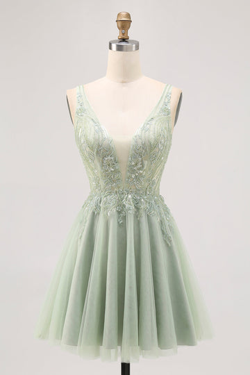 Green A-line Tulle Backless Beaded Short Prom Dress with Sequins